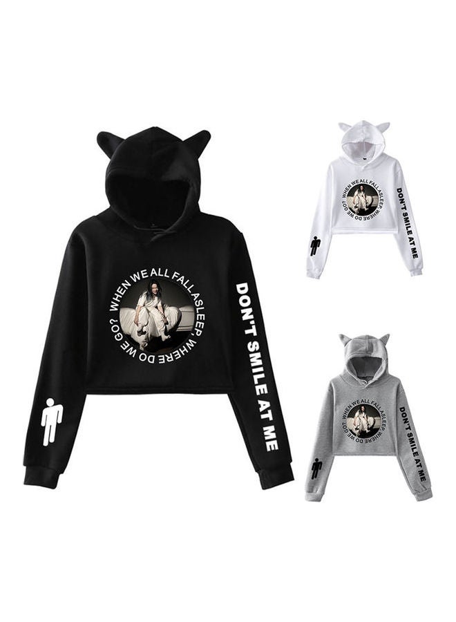 Billie Eilish Ear Exposed Navel Casual Sport Hoody Sweater White  - Image 3