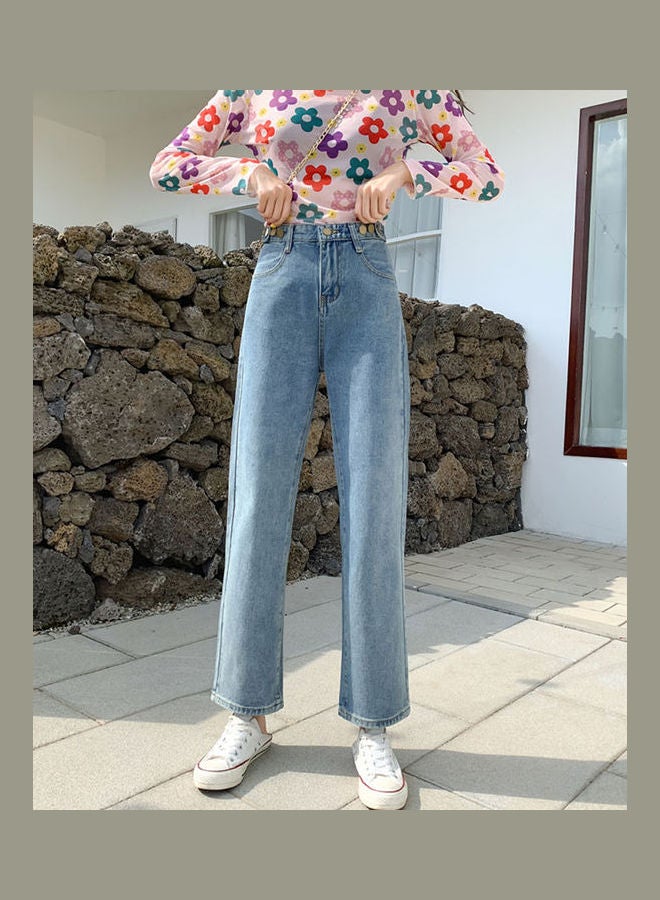Retro Old Jeans Loose High Waist Straight Trousers Pants Light Blue - Image 2