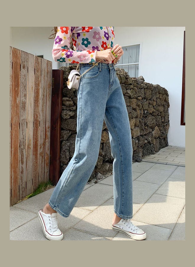 Retro Old Jeans Loose High Waist Straight Trousers Pants Light Blue - Image 1
