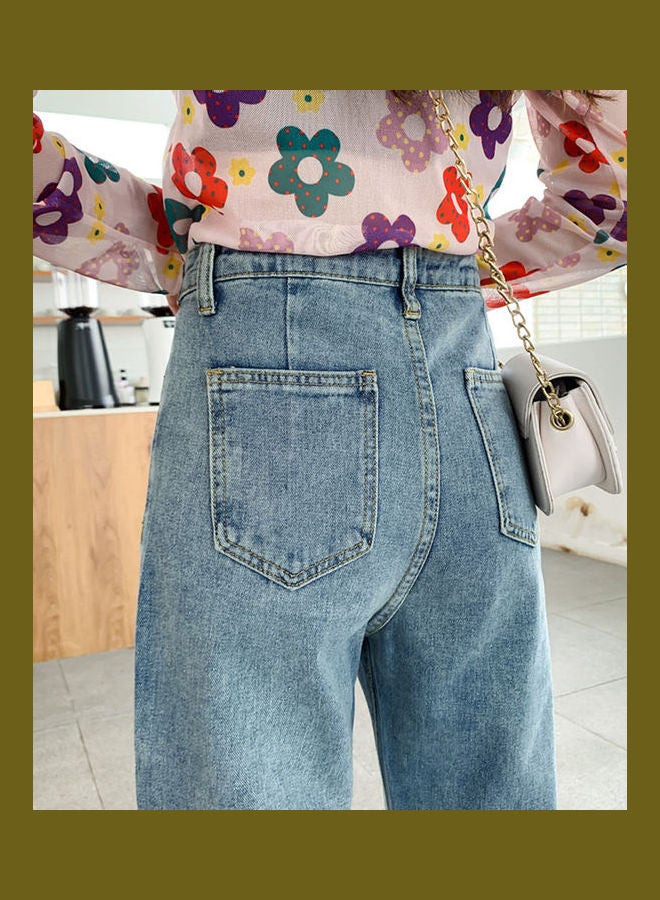 Retro Old Jeans Loose High Waist Straight Trousers Pants Light Blue - Image 3