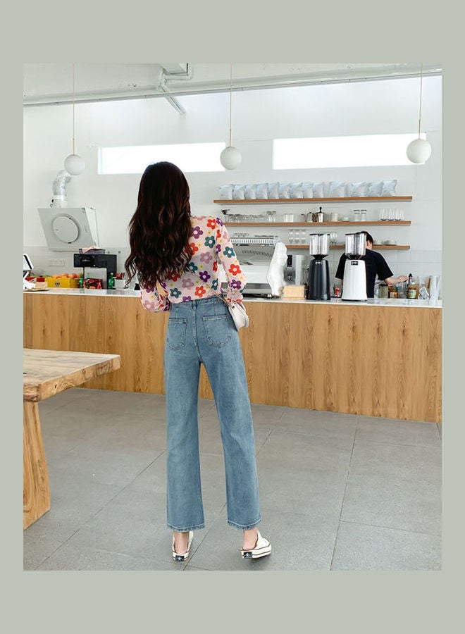 Retro Old Jeans Loose High Waist Straight Trousers Pants Light Blue - Image 4