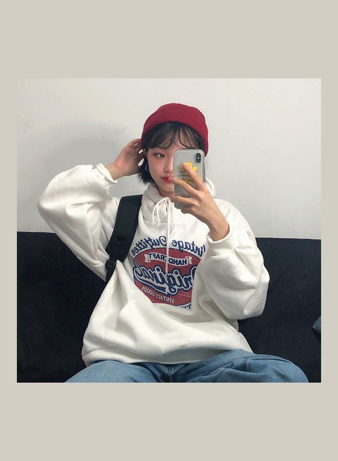 Long Sleeves Pattern Printed Top Casual Style Thickened Hooded Pullover White  - Image 1