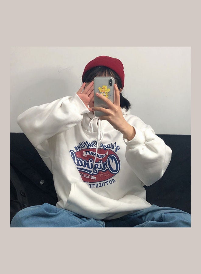 Long Sleeves Pattern Printed Top Casual Style Thickened Hooded Pullover White  - Image 3
