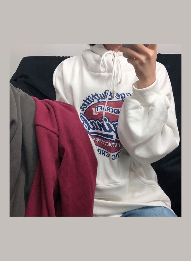 Long Sleeves Pattern Printed Top Casual Style Thickened Hooded Pullover White  - Image 4