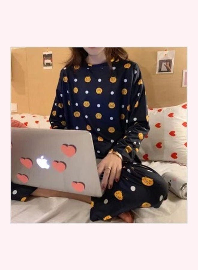 Pajama Long Sleeve Tops Pants Set Blue - Image 2