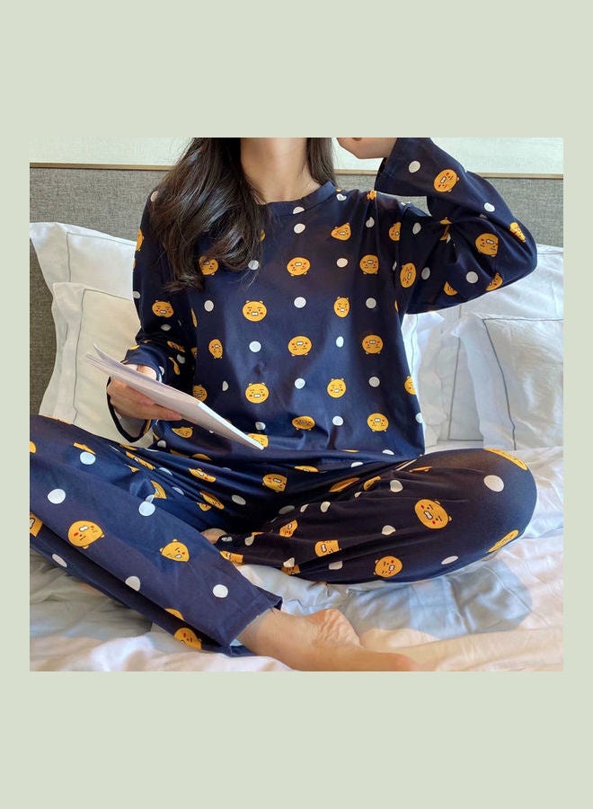 Pajama Long Sleeve Tops Pants Set Blue - Image 3