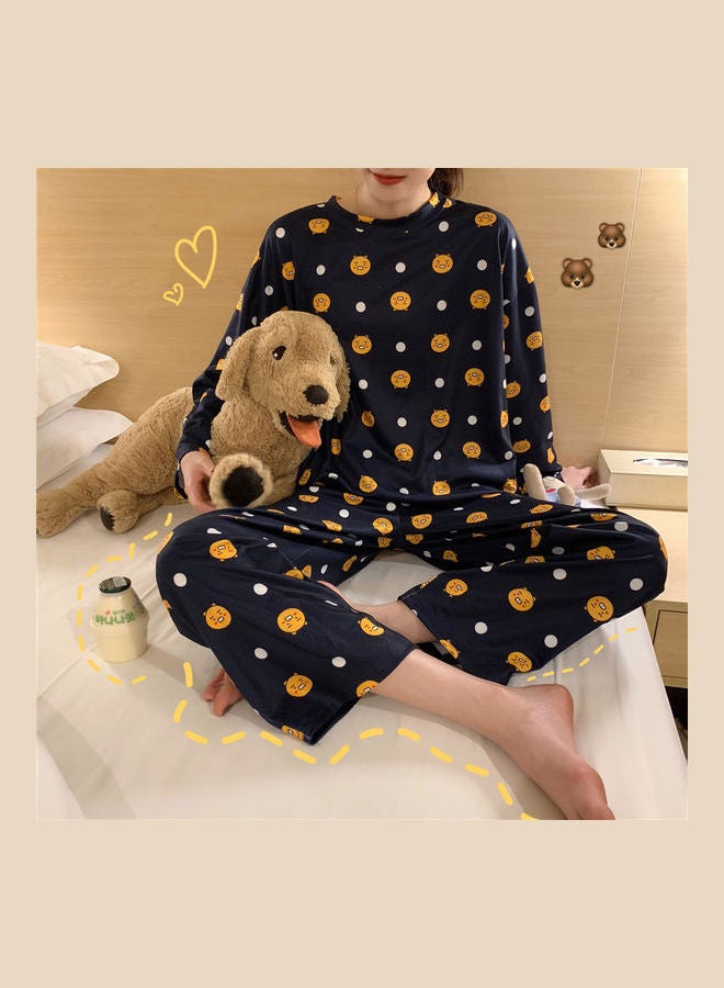 Pajama Long Sleeve Tops Pants Set Blue - Image 4