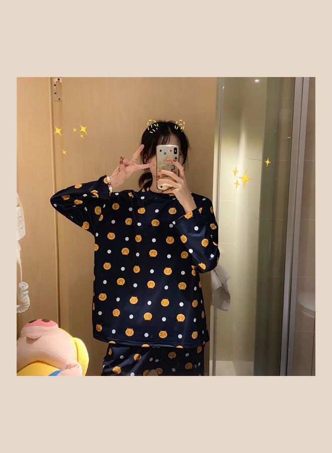 Pajama Long Sleeve Tops Pants Set Blue - Image 5