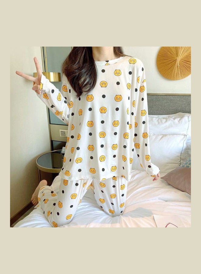 Pajama Long Sleeve Tops Pants Set White - Image 2