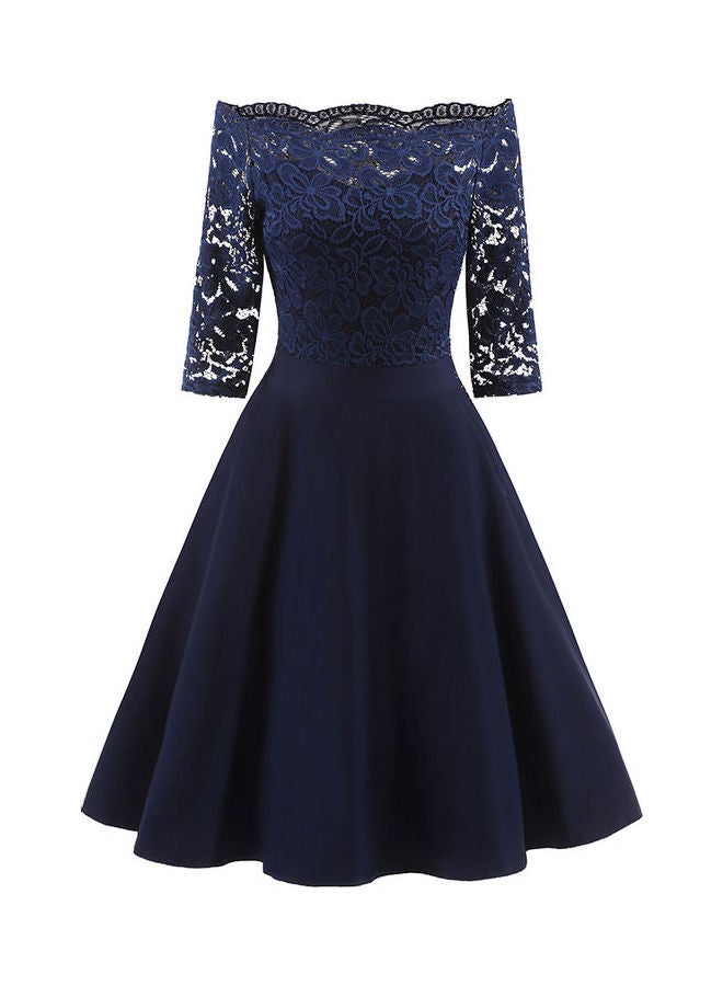 Slim Lace Chic Elegant Boat Neck Collar Three Quarter Sleeve Dress Dark Blue - Image 1