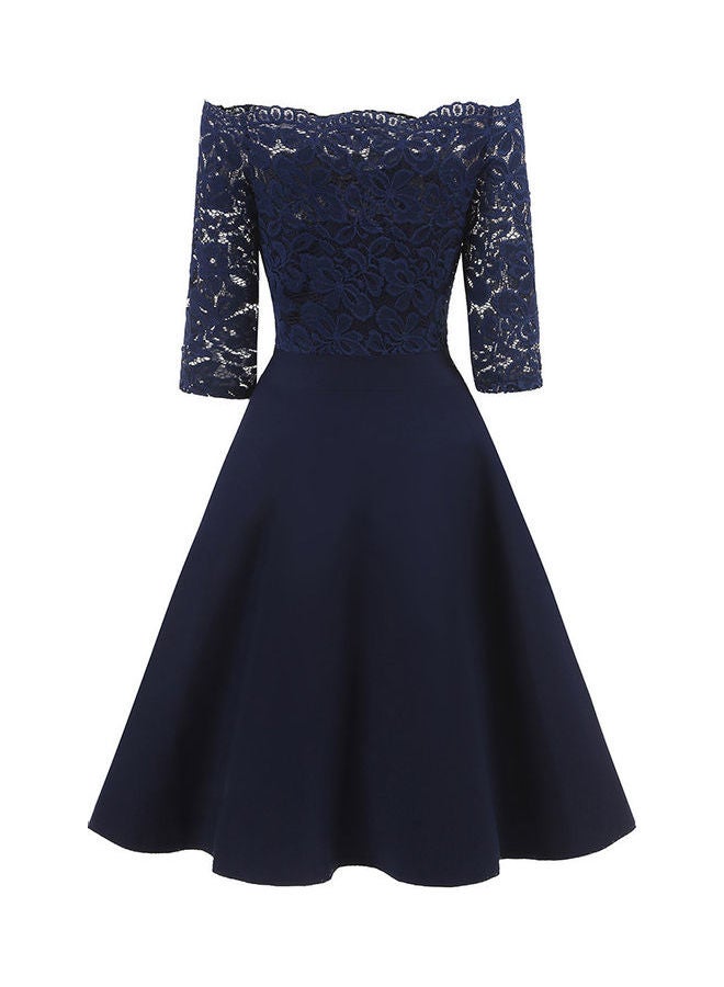 Slim Lace Chic Elegant Boat Neck Collar Three Quarter Sleeve Dress Dark Blue - Image 2