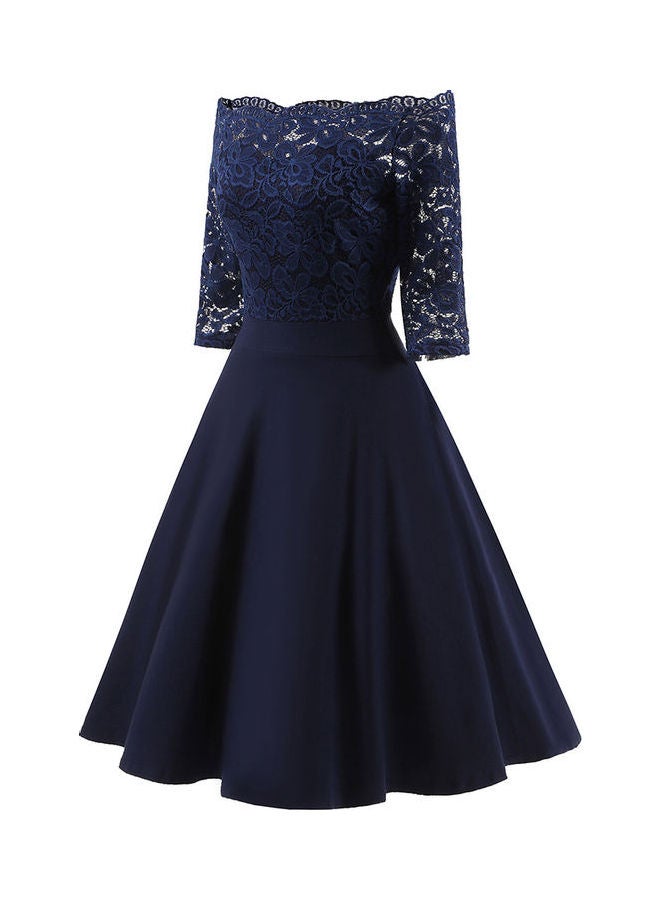 Slim Lace Chic Elegant Boat Neck Collar Three Quarter Sleeve Dress Dark Blue - Image 3