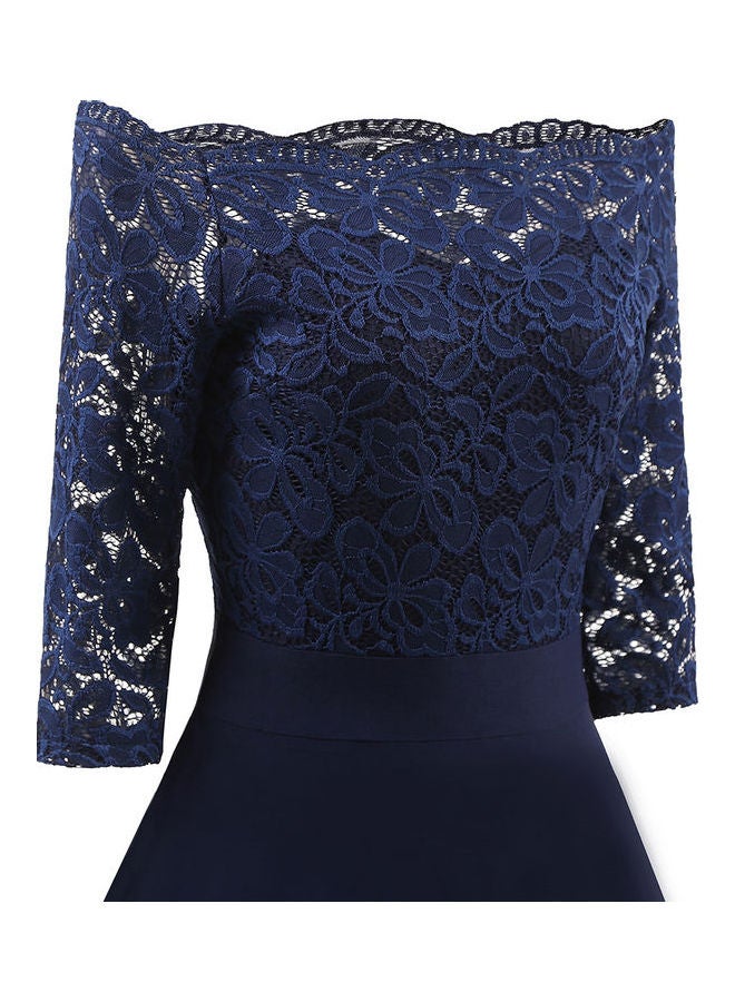 Slim Lace Chic Elegant Boat Neck Collar Three Quarter Sleeve Dress Dark Blue - Image 4