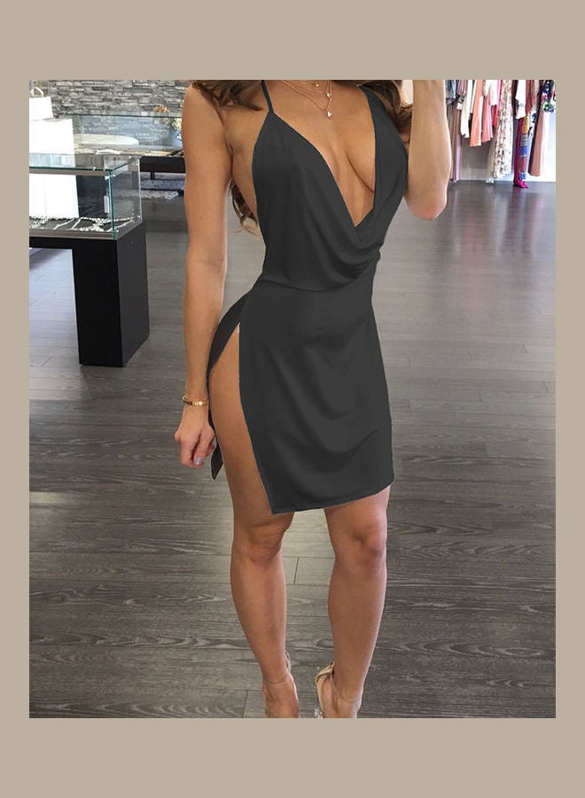 Deep V Straps Backless Slit Party Dress Army Green  - Image 5