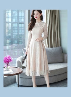 Generic Slim Standing Collar Lace Flared Sleeve Formal Dress Apricot  - Image 3