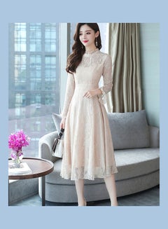 Generic Slim Standing Collar Lace Flared Sleeve Formal Dress Apricot  - Image 4