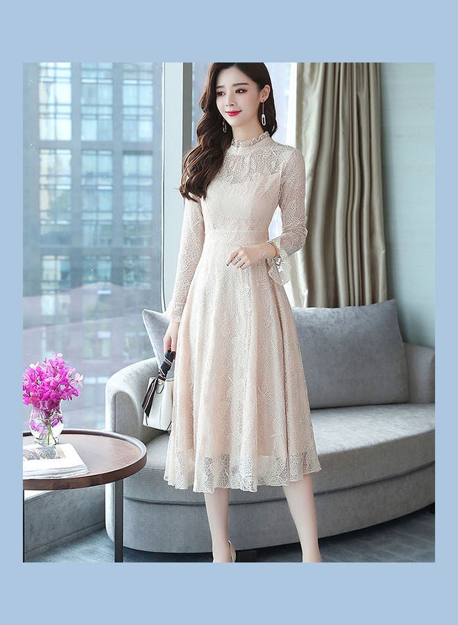 Generic Slim Standing Collar Lace Flared Sleeve Formal Dress Apricot  - Image 4