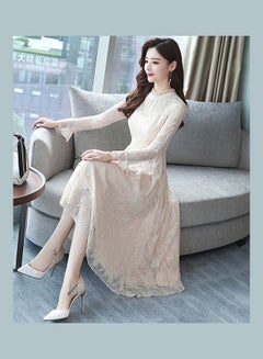 Generic Slim Standing Collar Lace Flared Sleeve Formal Dress Apricot  - Image 5