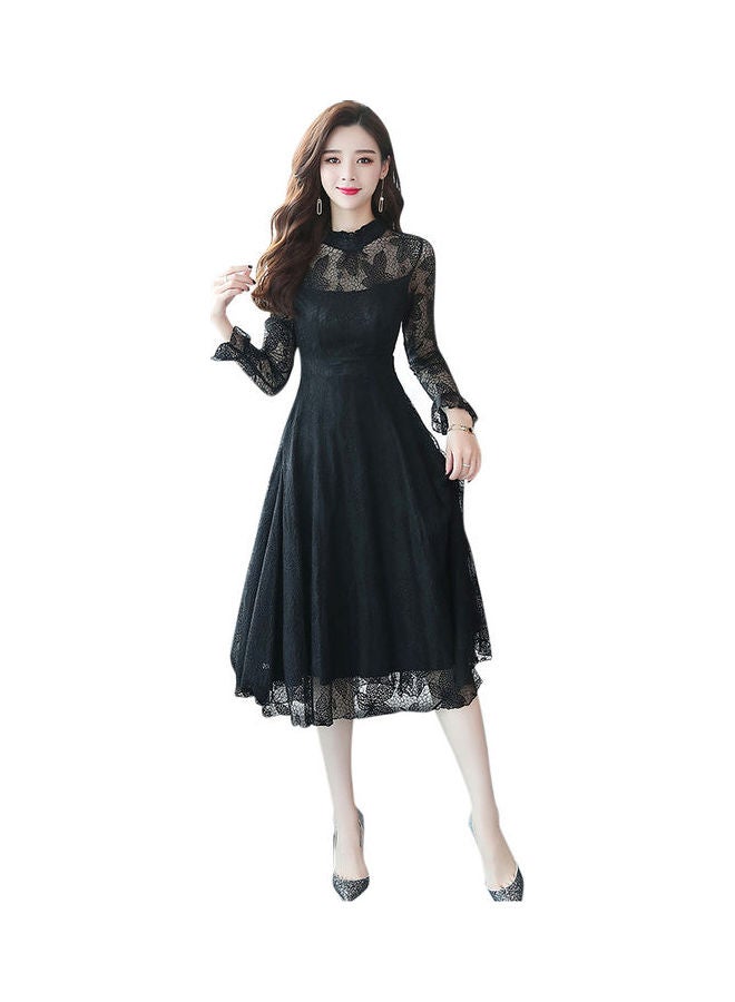 Slim Standing Collar Lace Flared Sleeve Formal Dress Black - Image 1