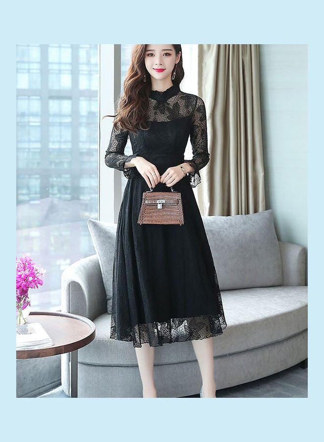 Slim Standing Collar Lace Flared Sleeve Formal Dress Black - Image 2