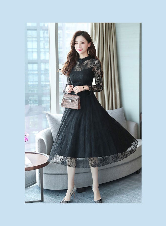 Slim Standing Collar Lace Flared Sleeve Formal Dress Black - Image 3