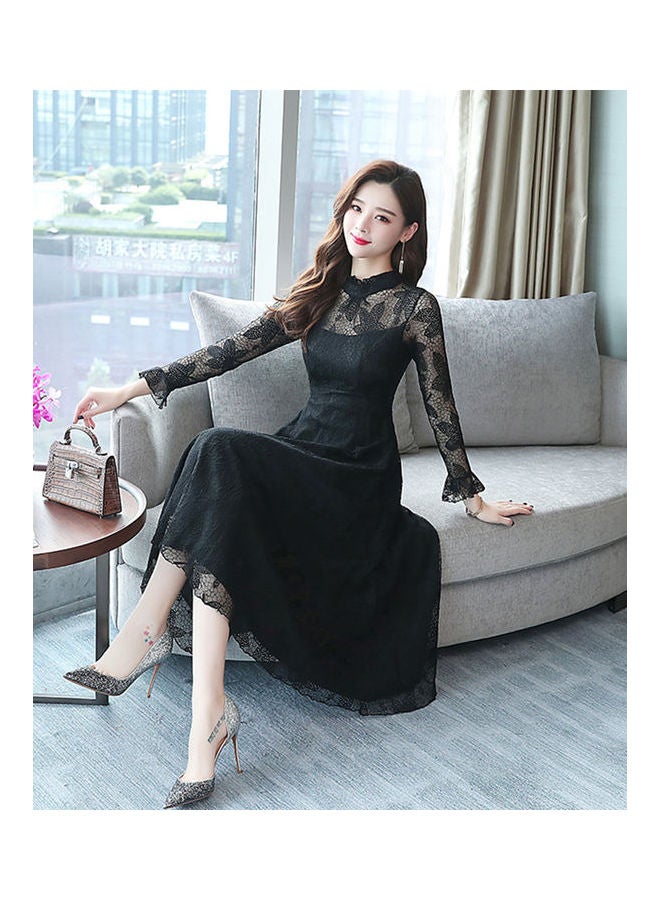 Slim Standing Collar Lace Flared Sleeve Formal Dress Black - Image 5