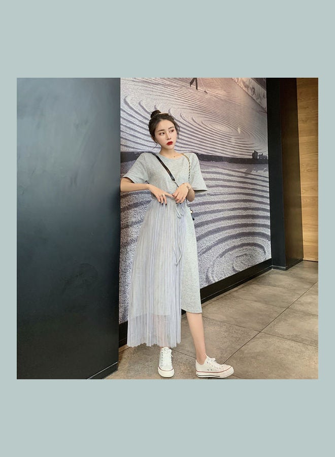 Summer Mesh Stitching Loose Short Sleeve Irregular Hem Dress Grey  - Image 1