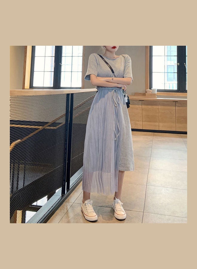 Summer Mesh Stitching Loose Short Sleeve Irregular Hem Dress Grey  - Image 3