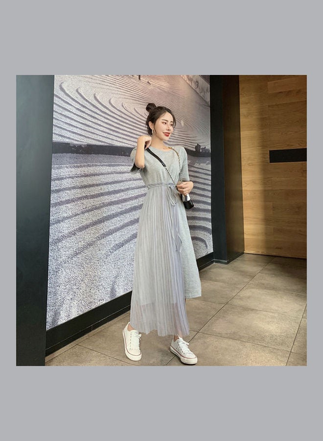 Summer Mesh Stitching Loose Short Sleeve Irregular Hem Dress Grey  - Image 4