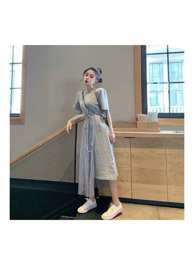 Summer Mesh Stitching Loose Short Sleeve Irregular Hem Dress Grey  - Image 5
