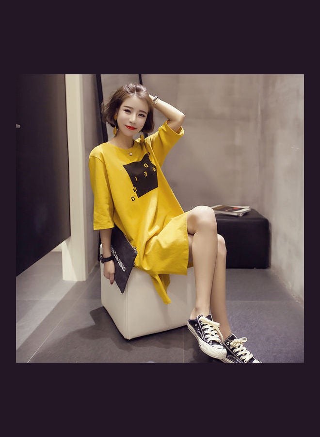Summer Casual Loose Short Sleeves Split T Shirt Dress Yellow - Image 1