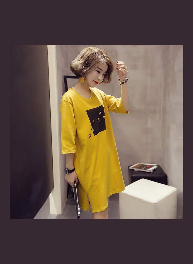 Summer Casual Loose Short Sleeves Split T Shirt Dress Yellow - Image 4