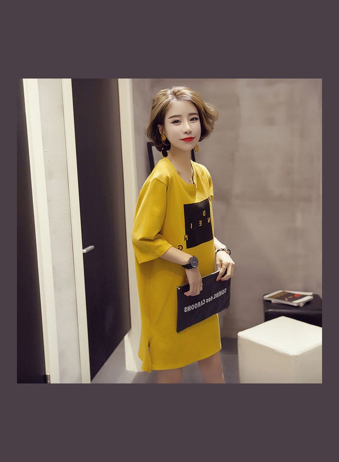 Summer Casual Loose Short Sleeves Split T Shirt Dress Yellow - Image 5