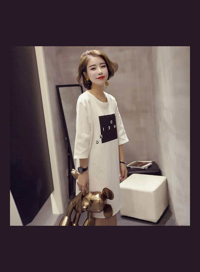 Summer Casual Loose Short Sleeves Split T-shirt Dress White - Image 4