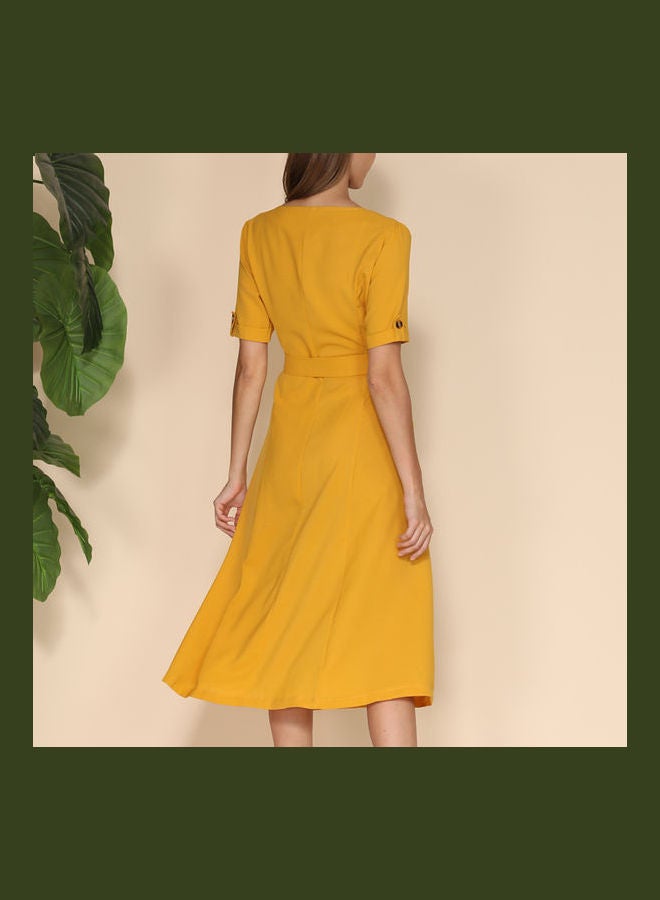 V-neckline Stripe Button Vacation Dress With Belt Yellow - Image 2