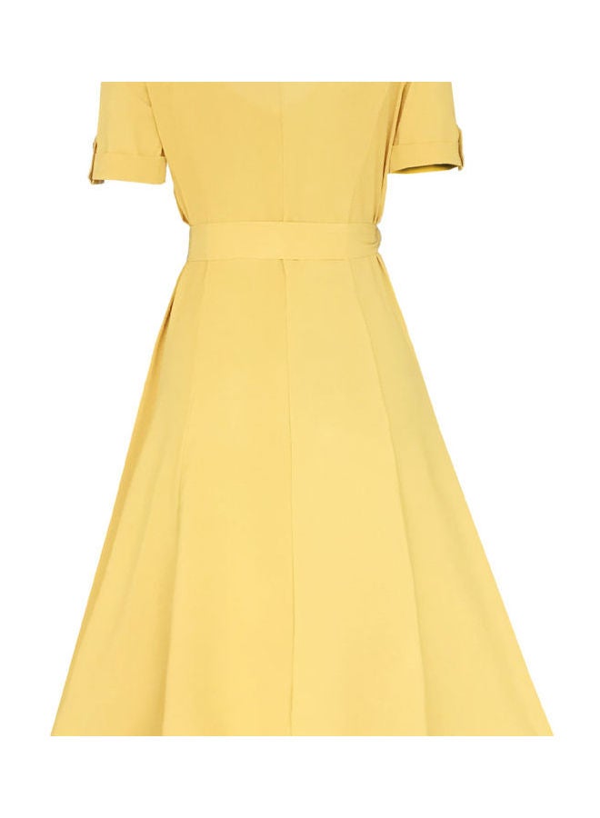 V-neckline Stripe Button Vacation Dress With Belt Yellow - Image 5