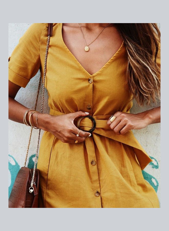 V-neckline Stripe Button Vacation Dress With Belt Yellow - Image 1