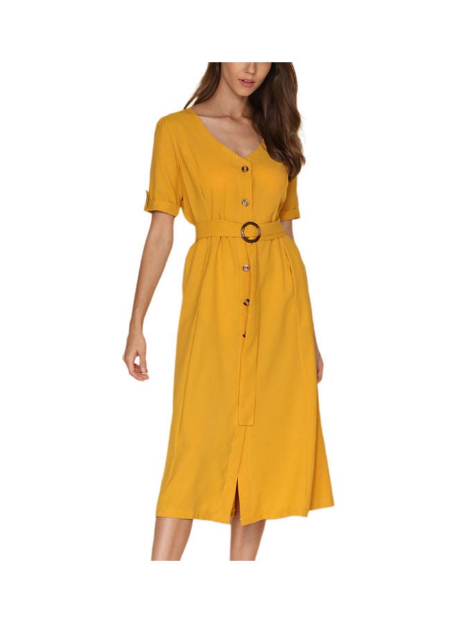 V-neckline Stripe Button Vacation Dress With Belt Yellow - Image 4