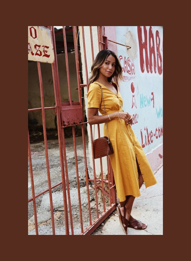 V-neckline Stripe Button Vacation Dress With Belt Yellow - Image 5