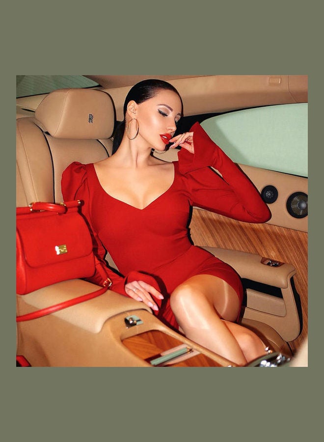 فستان بأكمام طويلة وياقة على شكل حرف V أحمر - Image 1
