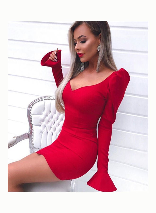 فستان بأكمام طويلة وياقة على شكل حرف V أحمر - Image 4
