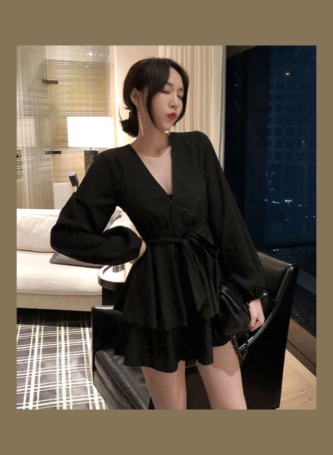 Autumn Loose High Waist Cross V-neck Long-sleeved Strap Dress Black - Image 2