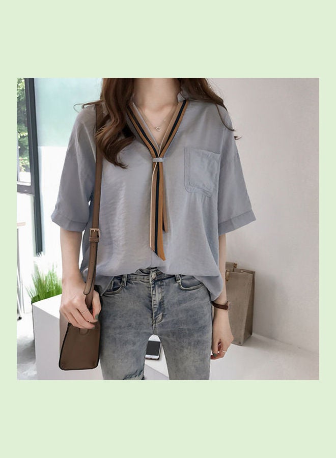 Summer Striped Tie Short Sleeve Loose Shirt Blue  - Image 2