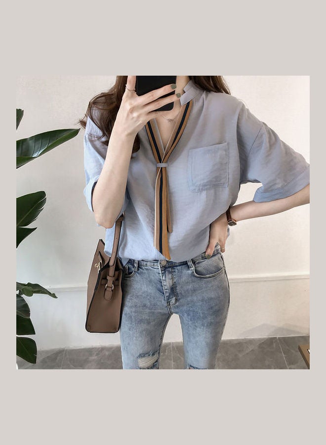 Summer Striped Tie Short Sleeve Loose Shirt Blue  - Image 5