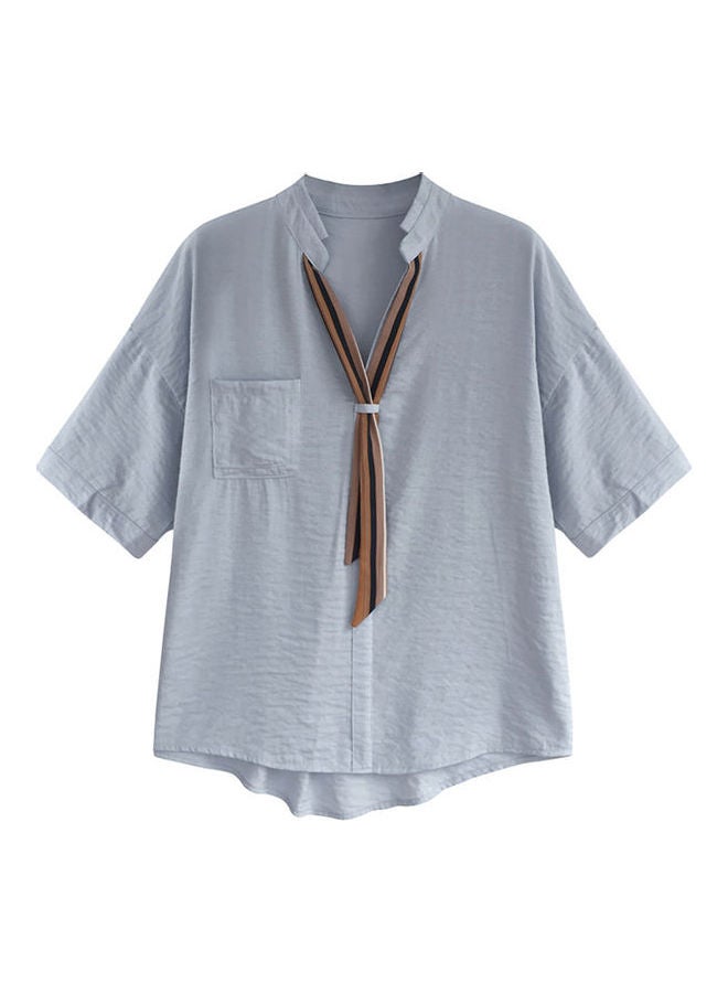 Summer Striped Tie Short Sleeve Loose Shirt Blue  - Image 1