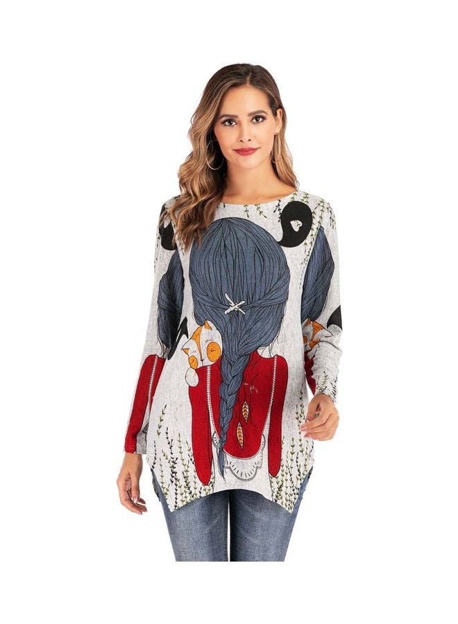 Long Sleeve Round Neckline Cartoon Print Wool Knit T-shirt Tops Red - Image 1