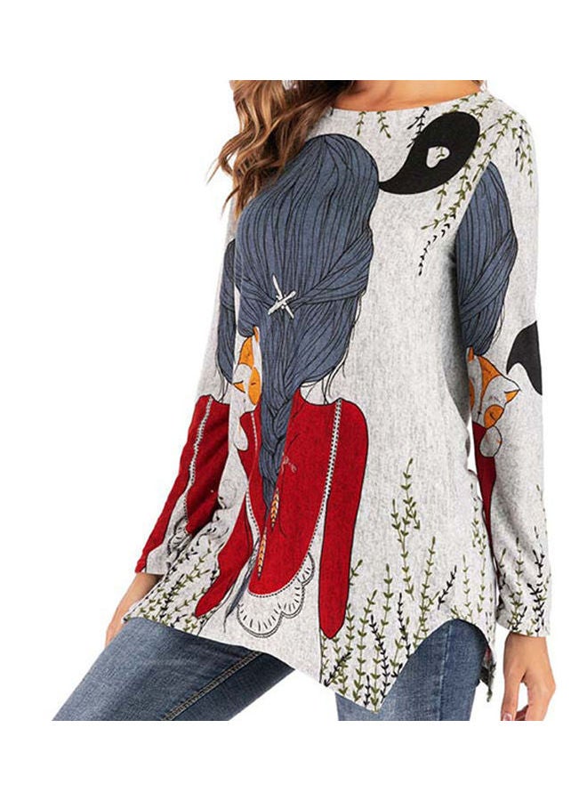 Long Sleeve Round Neckline Cartoon Print Wool Knit T-shirt Tops Red - Image 3