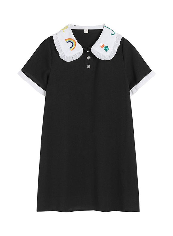 Embroidered Peter Pan Collar Chiffon Loose Short Sleeved Dress Black - Image 1
