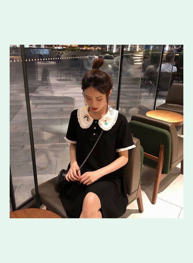 Embroidered Peter Pan Collar Chiffon Loose Short Sleeved Dress Black - Image 3