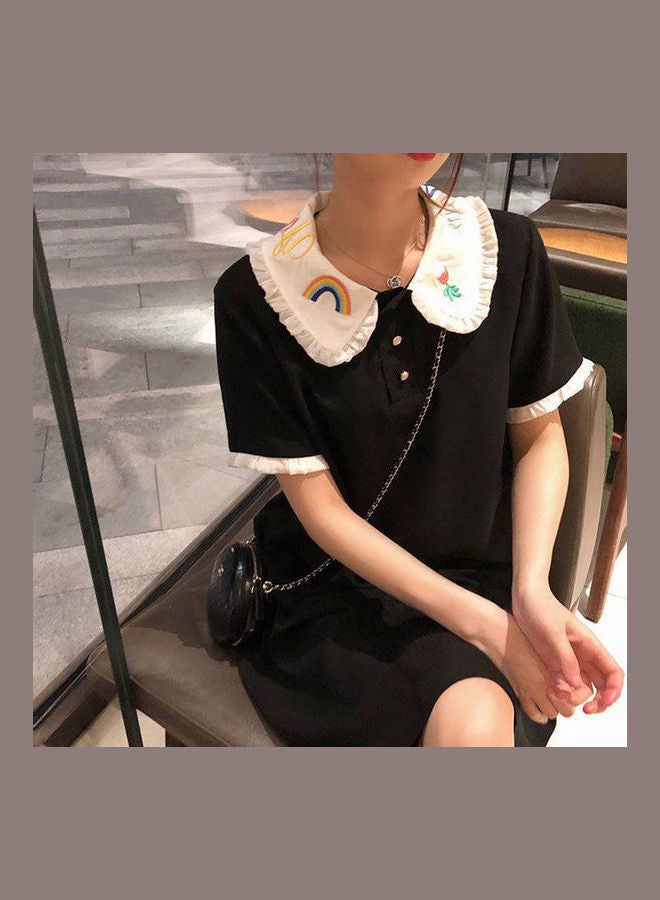 Embroidered Peter Pan Collar Chiffon Loose Short Sleeved Dress Black - Image 4